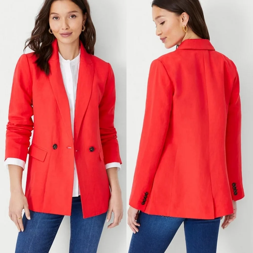 Ann Taylor Relaxed Double Breasted Long Blazer Linen Blend Tomato Red Size 14 - Picture 1 of 7